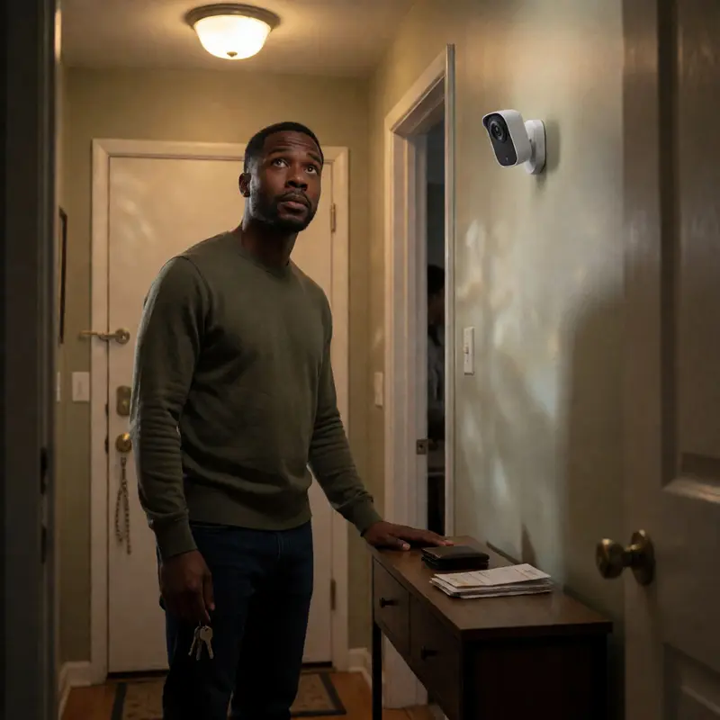 A homeowner looks up at an entryway camera in a quiet hallway.