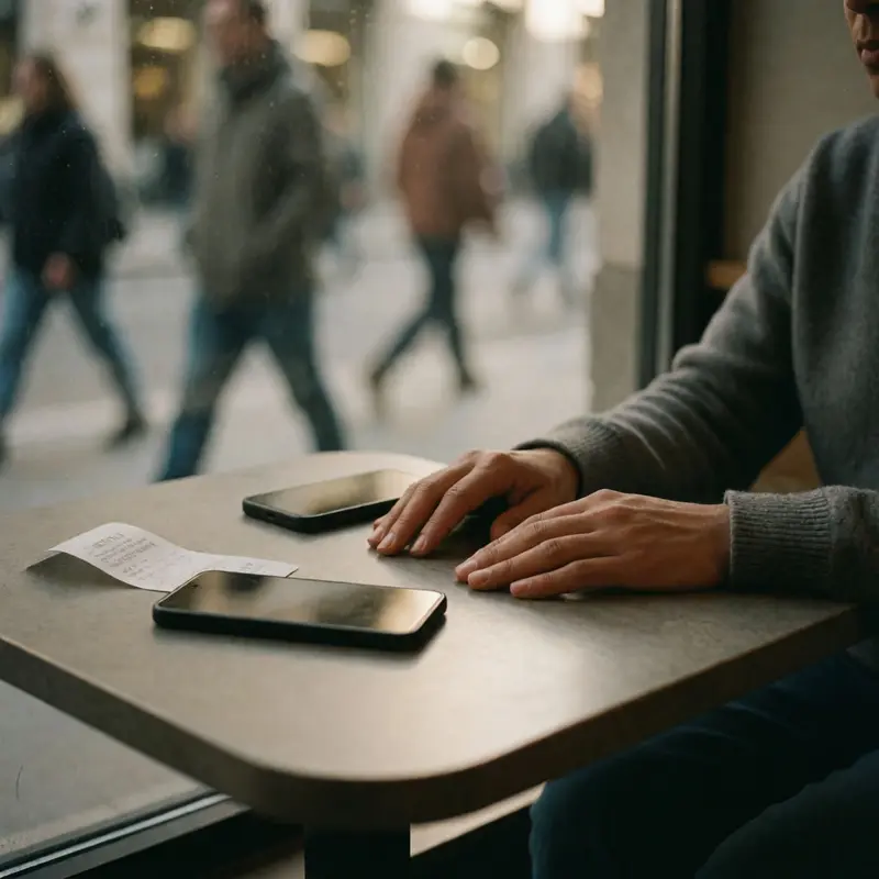 Two phones on a café table capture the decision point between staying minimal or returning to a full smartphone.