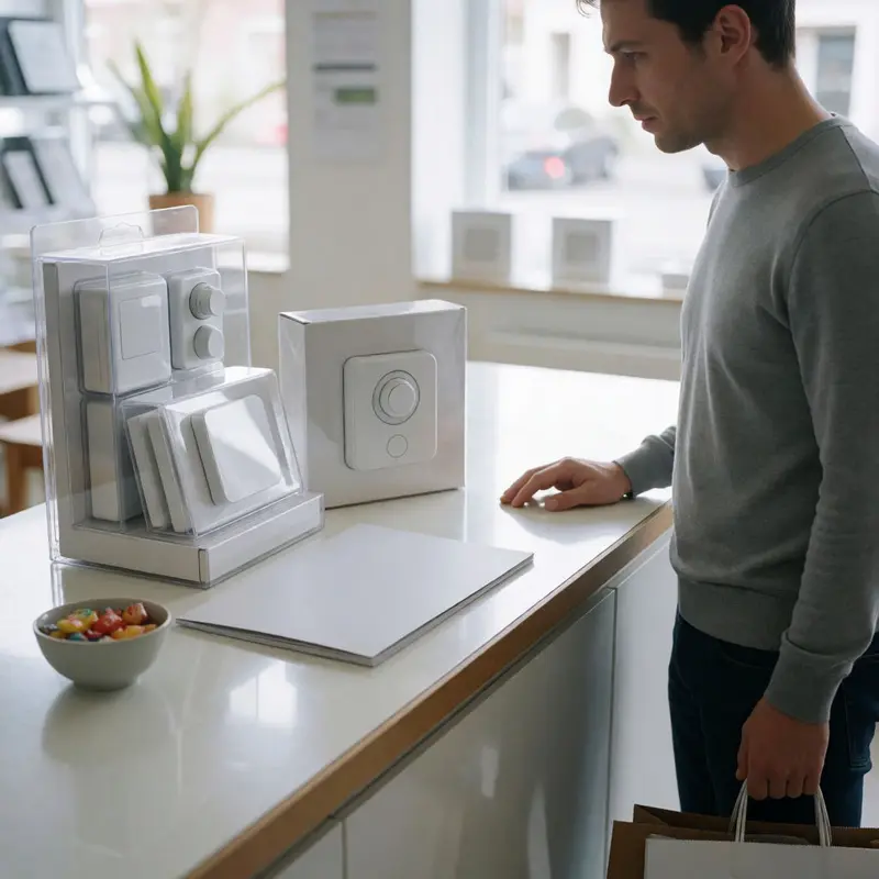 A shopper weighs smart home starter kits that often begin with trials and later require payment.
