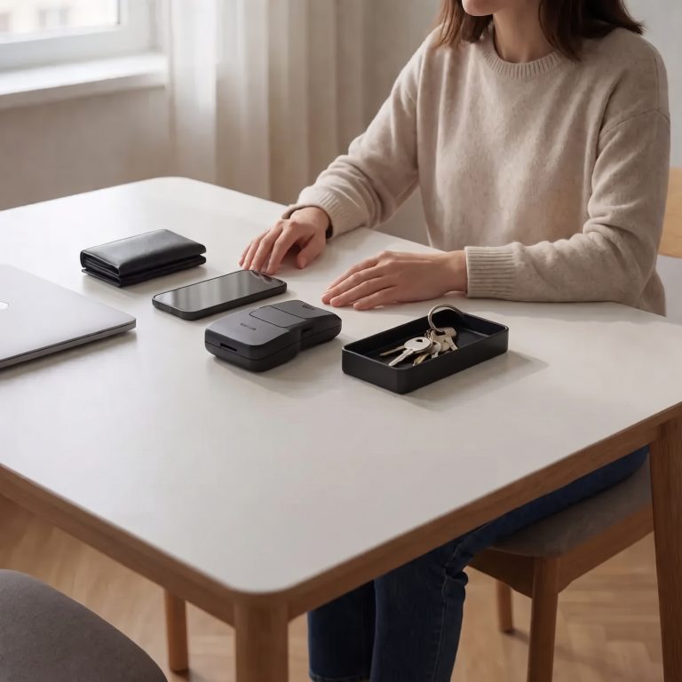 Gadgets to reduce daily admin: a smartphone, small scanner, wallet, and keys on a dining table with a person’s hands resting nearby.