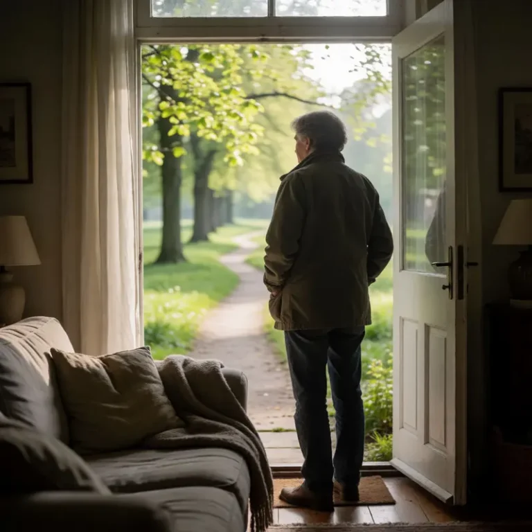 Person at an open door looking toward a tree-lined path, showing benefits of walking in nature compared with staying on the couch.
