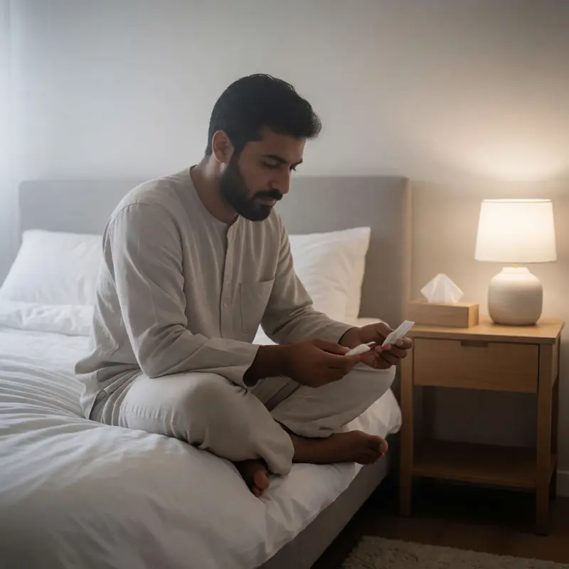 A sleeper compares an internal dilator with an external nasal strip before bed.