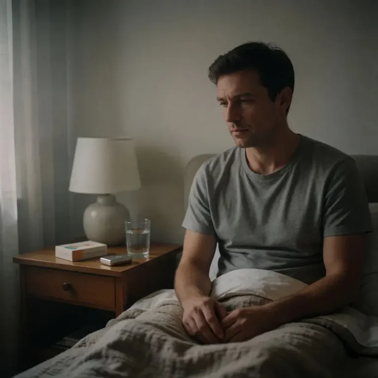 Bedroom scene showing nasal strips vs internal nasal dilators on a bedside table next to a person sitting in bed.