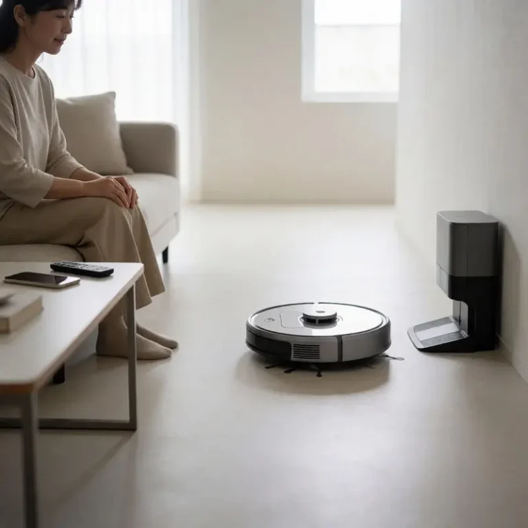 Robot vacuums without cloud apps cleaning a living room floor, with a remote nearby and a phone set face-down to emphasize offline control.