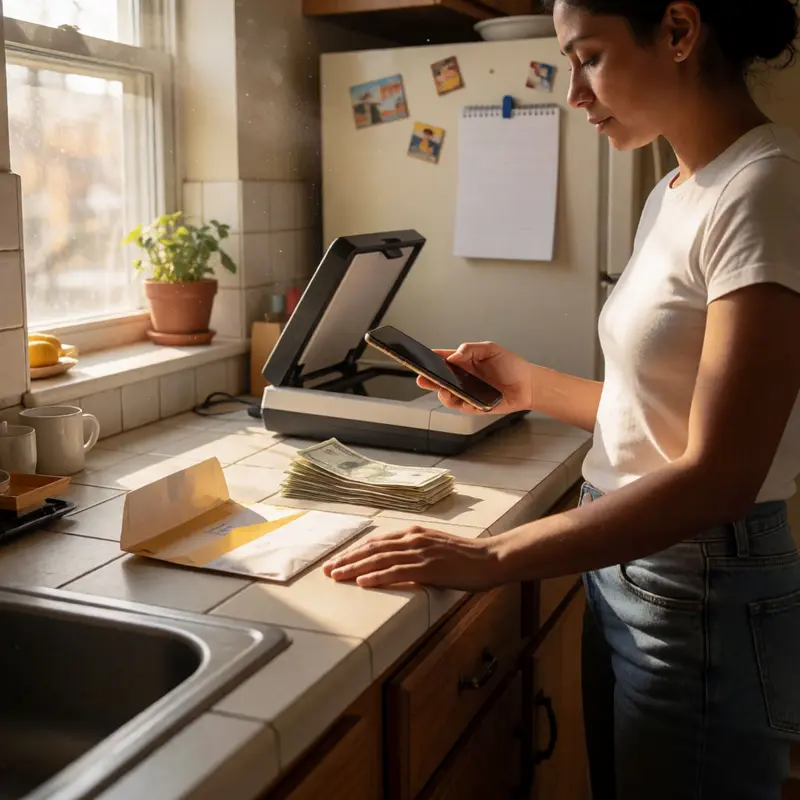 A renter captures paperwork with a phone next to a scanner to make documents easier to find later.