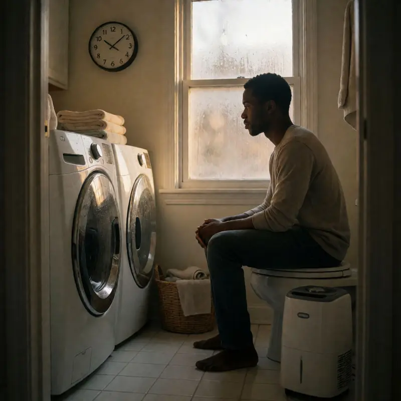 A renter waits out a longer drying cycle on a ventless combo unit in a small home laundry nook.