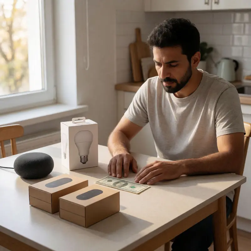 Multiple smart home devices sit together, implying bundled services tied to one payment.
