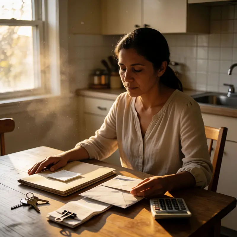 A side-hustle worker reviews mail and gathers receipts before income grows.