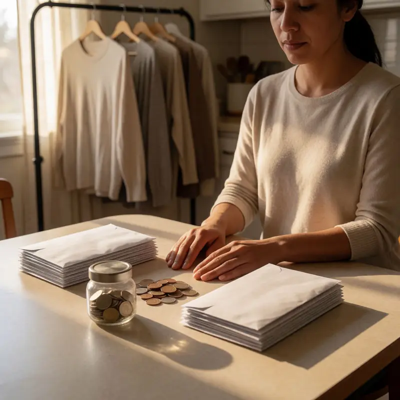 A reseller weighs two cost options using envelopes and cash on a kitchen table.