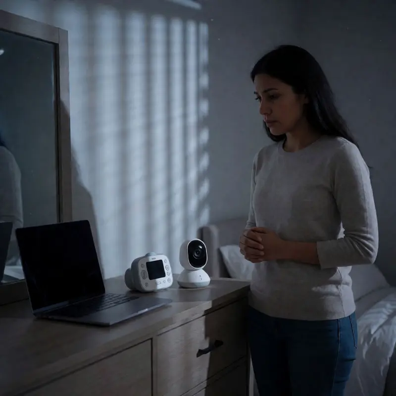 Indoor monitoring devices sit in a private room, raising questions about constant data flow.