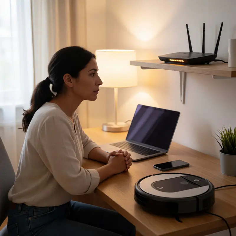 A homeowner evaluates network and device exposure from a connected robot vacuum.
