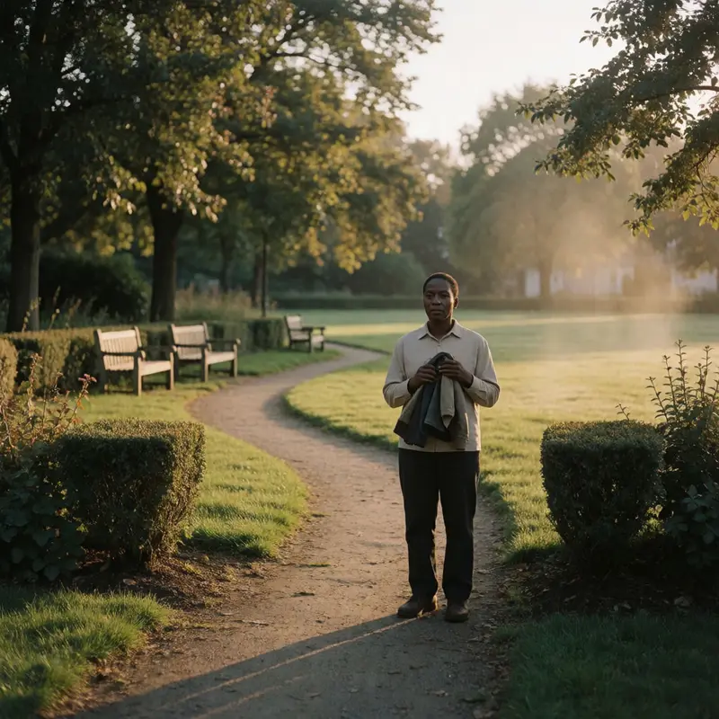 A person pauses at a local park entrance before a short walk.