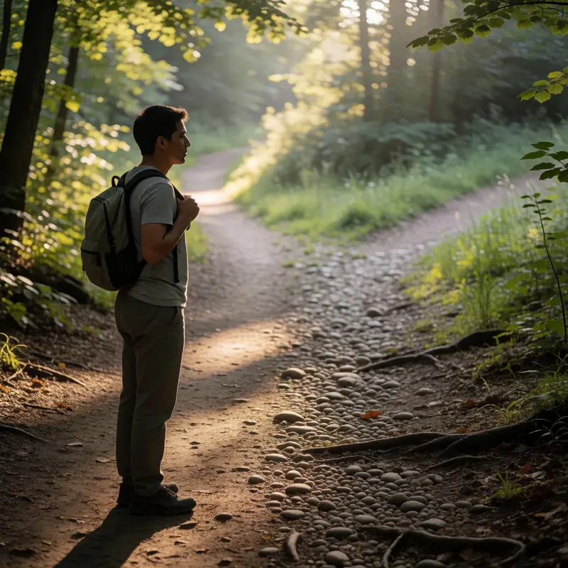 A walker chooses a trail route that varies terrain and focus.
