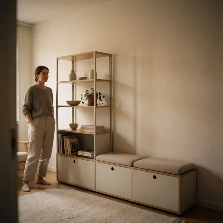 Quiet decor ideas for renters in a sunlit rental living room with lightly styled shelving, modular storage, and warm layered textures.