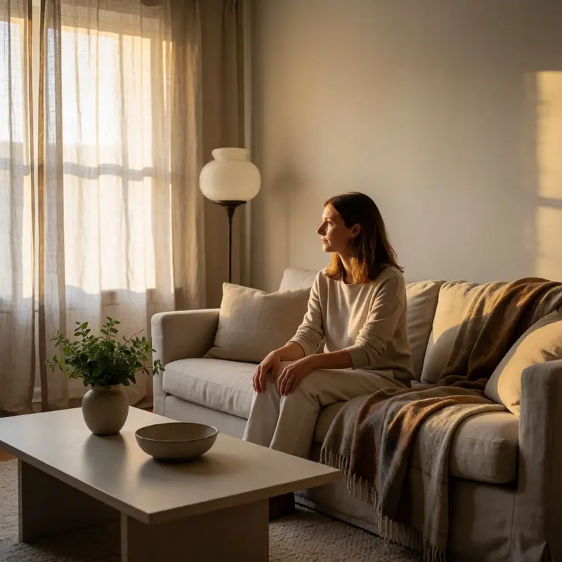 A calm rental living room shows quiet decor leaning toward comfort and restraint.