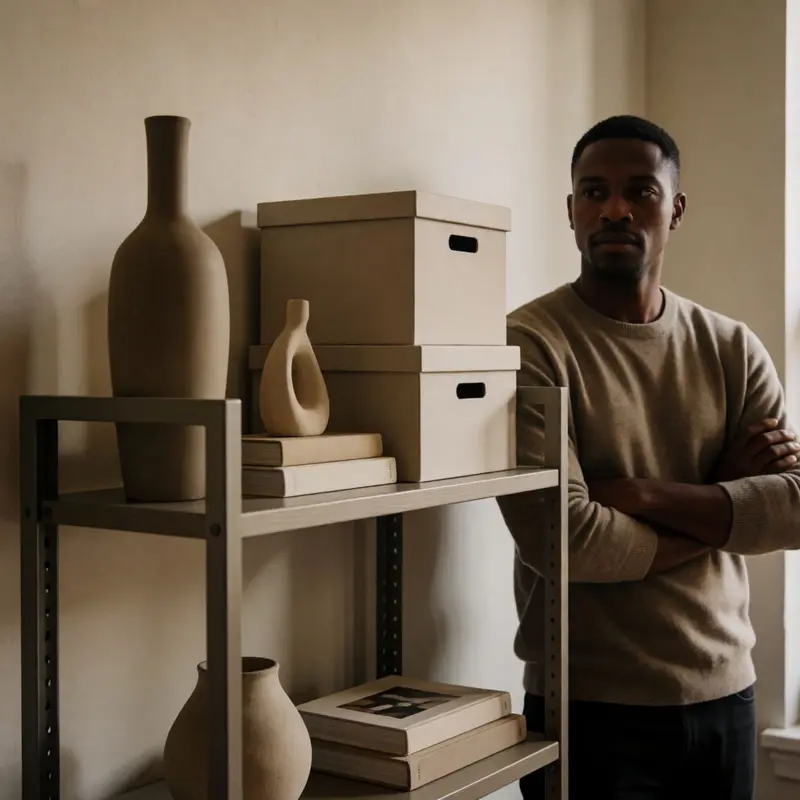A freestanding shelf uses anchors, layering, and negative space instead of a crowded display.