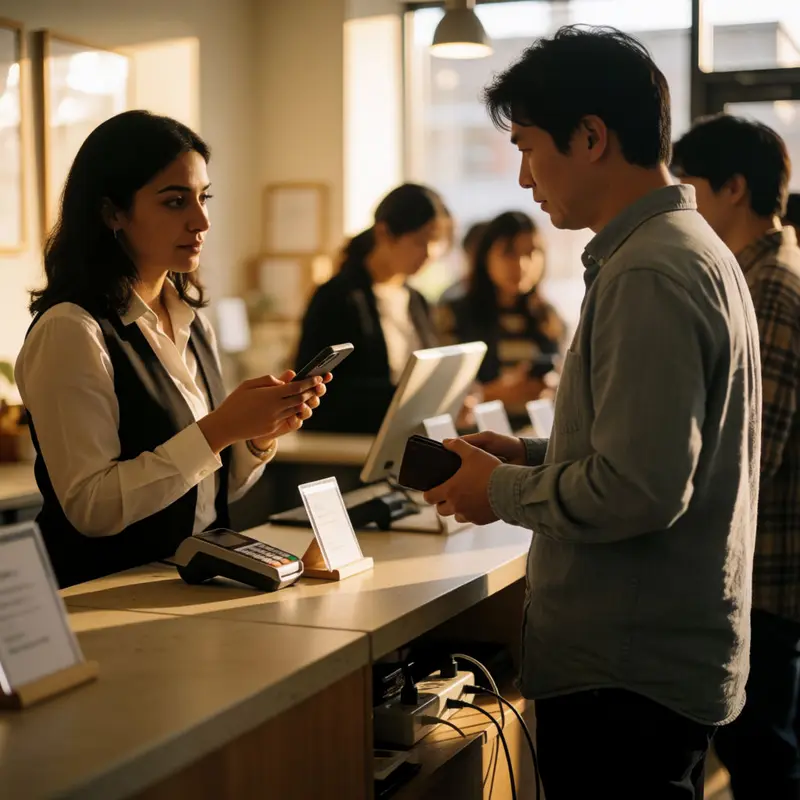 A cashier keeps both phone-based and reader-based payment options ready during a crowded checkout.