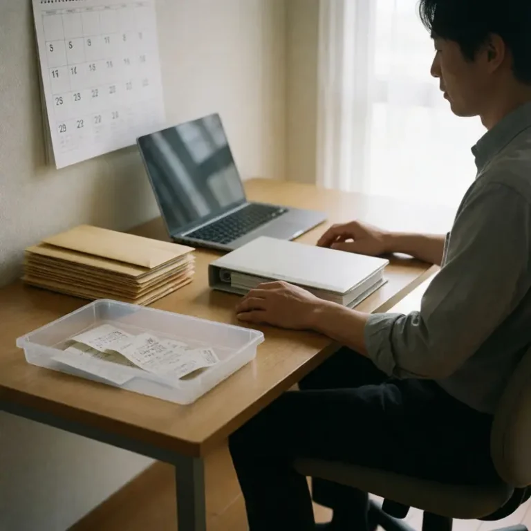 Side income tax tracking routine workspace with receipts, envelopes, and a receipt binder on a desk, with hands resting flat on the desktop.