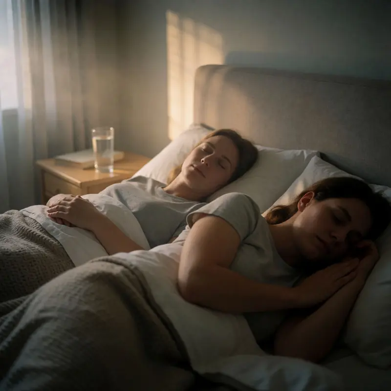 Two sleepers rest in bed, one wearing an external nasal strip.