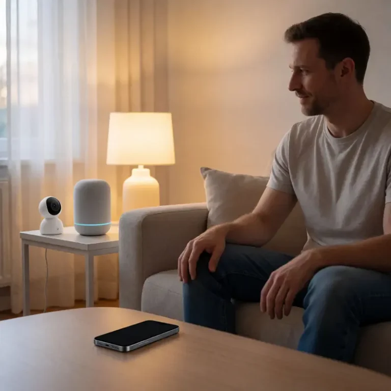 Smart home subscription fees surround everyday devices as a person sits in a living room near a smart lamp, smart speaker, and indoor camera.