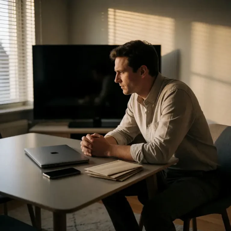 Person at a coffee table preparing to cancel unused streaming subscriptions to stop recurring charges after they stopped watching.