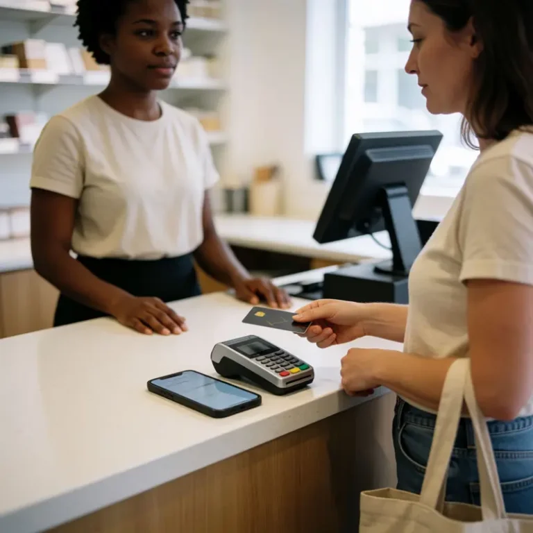 A tidy checkout shows tap to pay on iPhone vs card reader with a smartphone beside a card reader while a customer holds a contactless card.