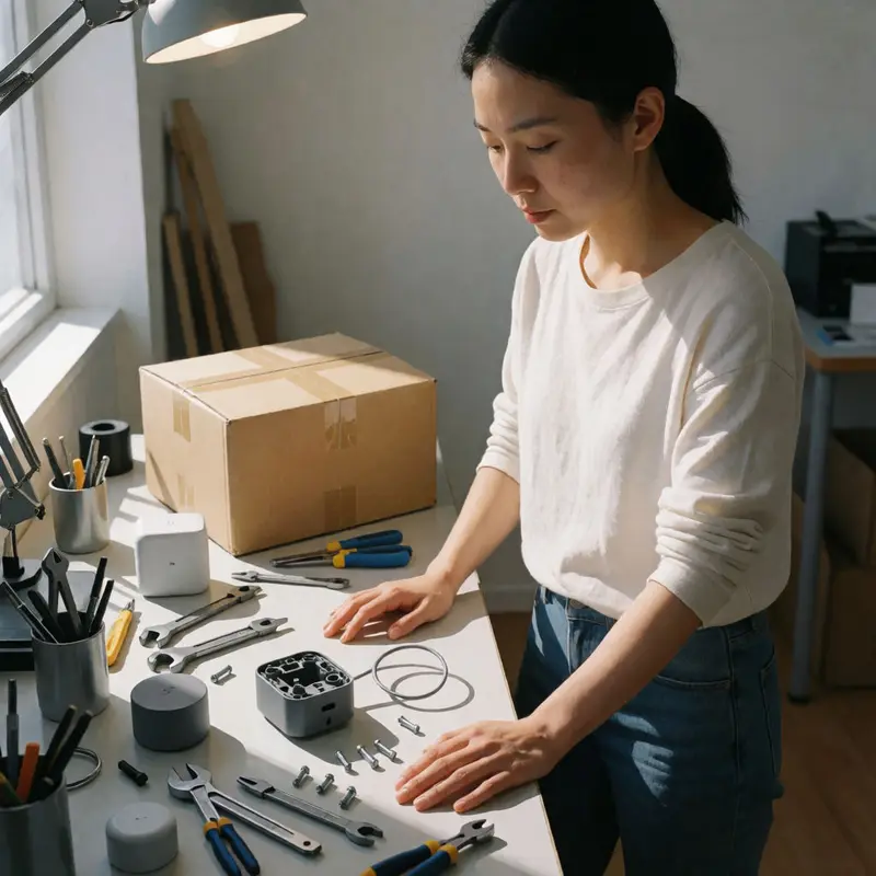A device maker examines disassembled smart hardware amid packaging and tools.