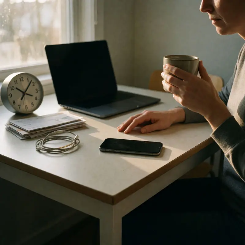 A quiet kitchen table setup shows the calm of fewer devices alongside the hassle of charging and daily workarounds.
