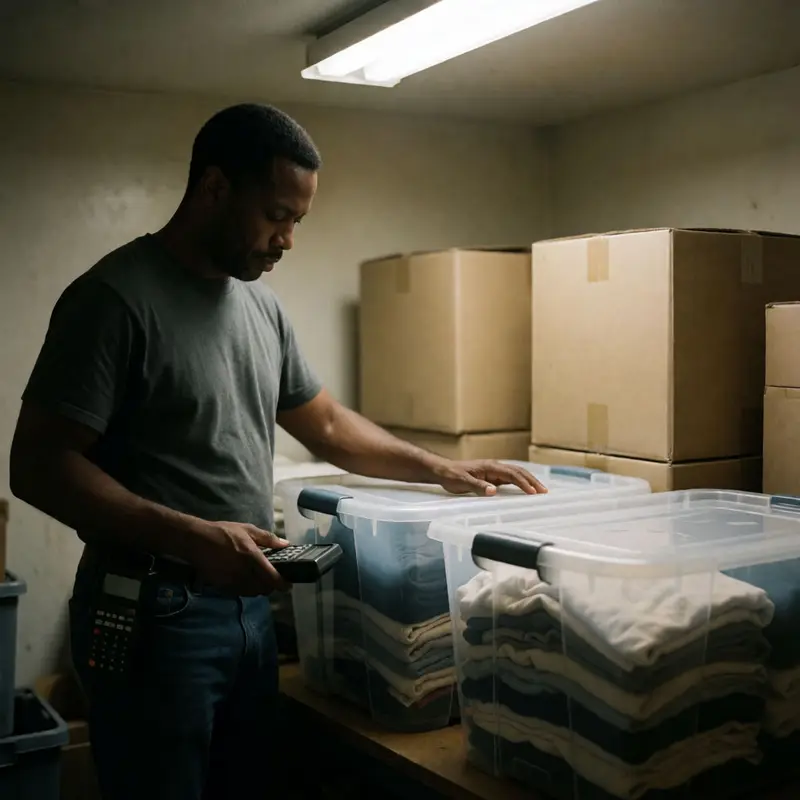 A reseller stages inventory in totes while tracking item volume by hand.